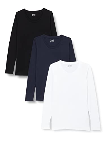 berydale Damen Langarm-Shirt mit Rundhalsausschnitt aus 100% Baumwolle, Schwarz/ Dunkelblau/ Weiß (3er Pack), XS
