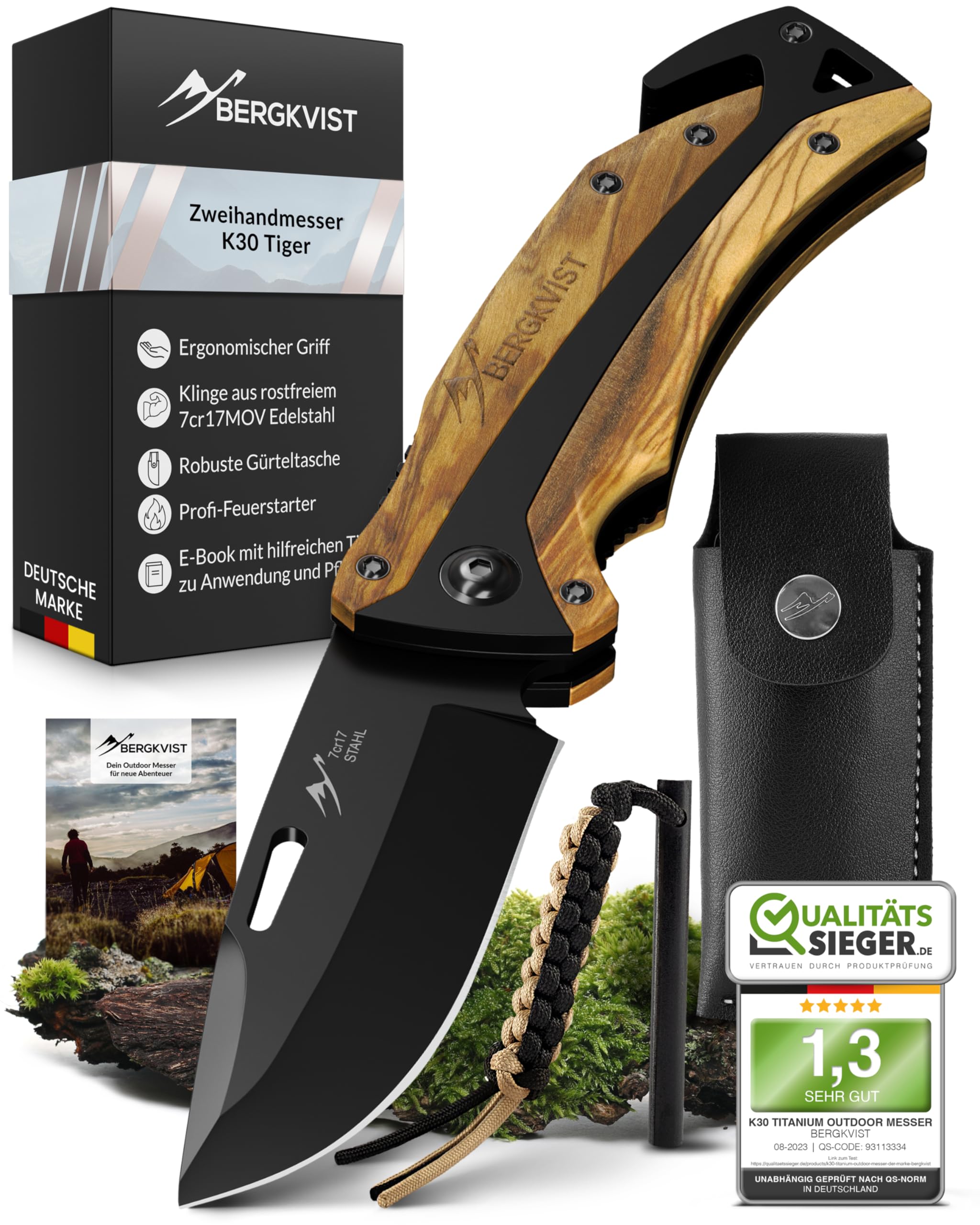 BERGKVIST® K30 Tiger Klappmesser (Zweihandmesser) - Mitführen in Deutschland erlaubt - 3-in-1 Outdoor Taschenmesser mit Glasbrecher & Gurtschneider für Camping & Survival