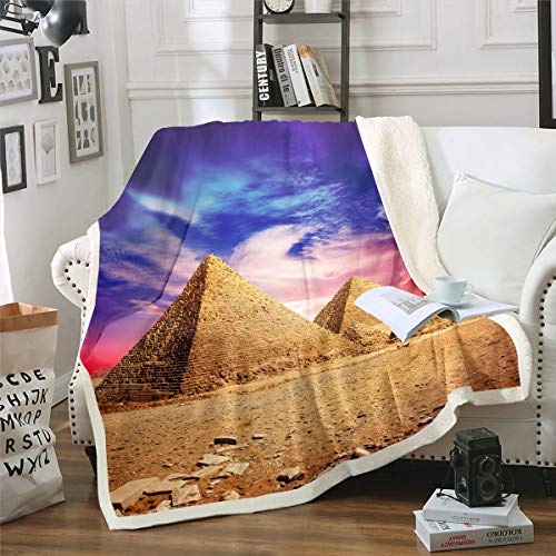 Pyramide gedruckt Flanell Fleecedecke 150x200cm Altes Ägypten Stadtbild Kuscheldecke Ägypten Kultur Wohndecke für Frauen Lila Rot Sonnenuntergang Landschaft Couchdecke