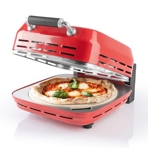 GOURMETmaxx Elektrischer Pizza-Ofen inklusive Pizzastein | Pizza-Maker bis 400 grad mit Timerfunktion | 30 cm Durchmesser auch ideal für Flammenkuchen, Wraps oder Tiefkühlpizza | 1800 Watt [rot]