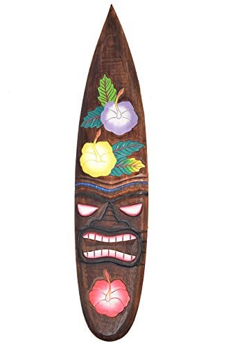 Surfboard 100cm mit Tiki und Blumen Motiv Dekoration zum Aufhängen