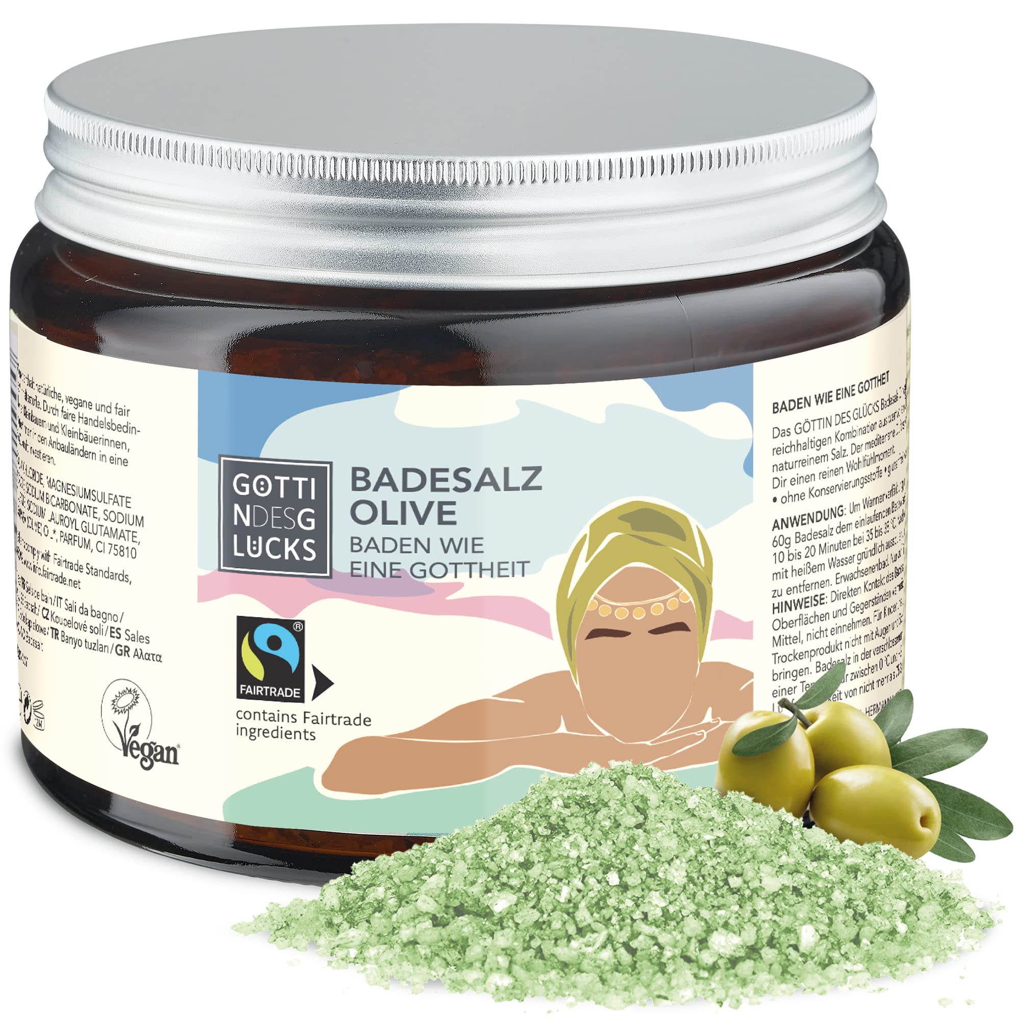 Göttin des Glücks Badesalz im Glas – Badezusatz Olive – Badekristalle in Glastiegel 450 Gramm – Bade-Salz Vegan & Fairtrade Naturkosmetik