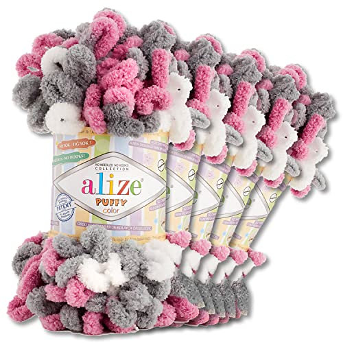 Wohnkult Alize 5x100 g Puffy Color Premium Wolle 26 Farbkombinationen Chenille Handarbeit Stricken und Häkeln ohne Hilfsmittel Smart Yarn (6070)