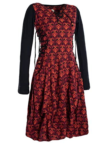Vishes - Alternative Bekleidung - Langarm Damen Jersey-Kleid Blumenkleid Schnürung V-Ausschnitt dunkelrot 42