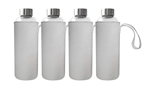 Rosenstein & Söhne Schul-Trink-Flasche: 4er Set Trinkflasche aus Borosilikat-Glas mit Neopren-Hülle, 750 ml (Glasflasche Borosilikatglas)