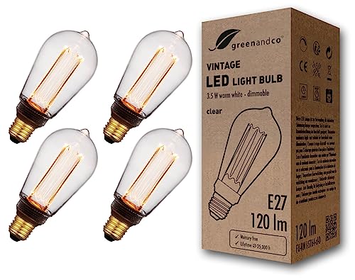 greenandco 4x dimmbare Vintage Design LED Lampe E27 ST64 3,5W 120lm 1800K klar extra warmweiß 320° 230V flimmerfrei Edison Glühbirne zur Stimmungsbeleuchtung, 2 Jahre Garantie