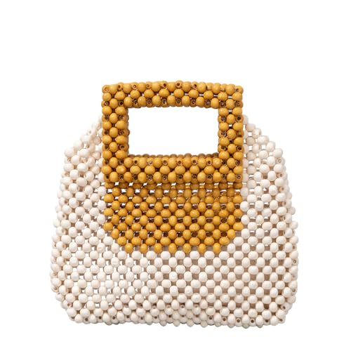 BHUJIA Holzperle Damentasche Kleine Quadratische Tasche Handgewebte Handtasche Tasche Damen, Milchweiß + Kurkuma, 21*4.5*21CM