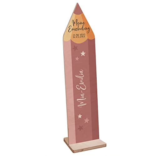 Striefchen® Einschulung Dekoration Holz Aufsteller Stift personalisiert Rosa mit Sternen
