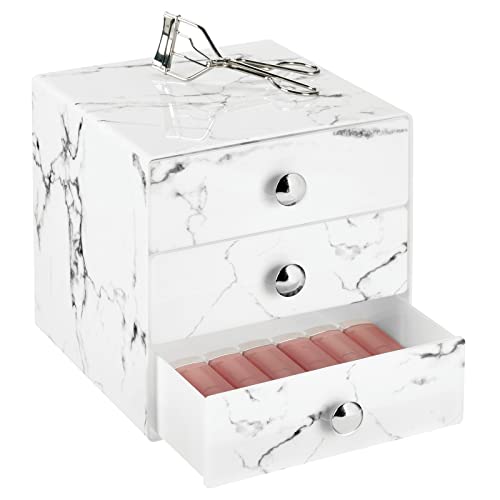 mDesign Make-up Organizer – Schminkaufbewahrung mit 3 Schubladen für Lidschatten, Lippenstift & Co. – Kosmetikbox aus Kunststoff fürs Badezimmer – marmorfarben