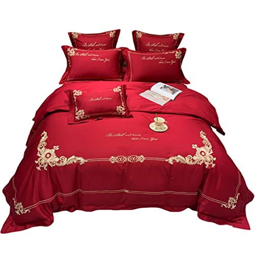 EYHLKM Vierteiliger Anzug aus langstapeliger Baumwolle aus Baumwolle mit Stickerei in roter Baumwolle Bettbezug für Hochzeiten (Color : Red 5-piece suit, Size : 1.8m)