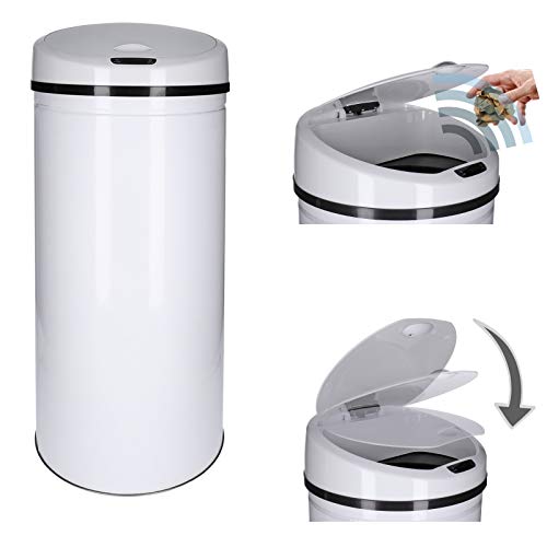 TALK-POINT Sensor- Abfallbehälter 30-60 Liter mit Abfallbeutelbefestigung, elektrischer Mülleimer, lackierter Stahl, rechteckig automatisches Öffnen/Schließen, Bewegungssensor (30 Liter, Weiß, Rund)