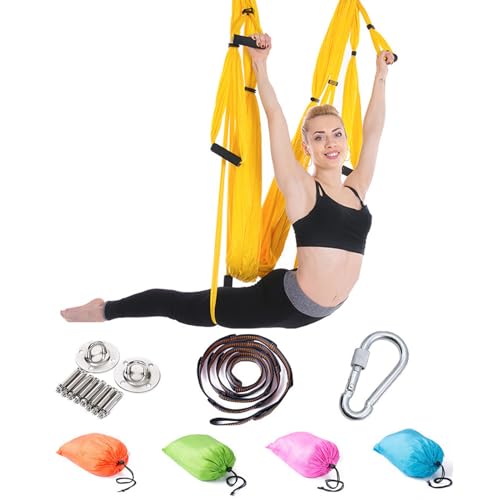 Yoga Hängematte Set Aerial Yogatuch Zum Aufhängen Hängematten Hammock Swing Therapieschaukel Schaukeltuch Yogagurt Hängetuch Inversion (Helles Gelb)