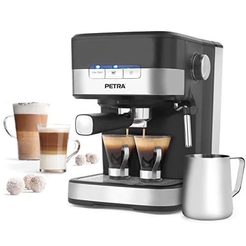 Petra PT4623VDEEU7 Pro Barista Espressomaschine, einfacher oder doppelter Espresso, Cappuccino/Caffè Latte, italienische 15 bar Druckpumpe mit Milchaufschäumer, für Pulverkaffee, 1.5L Wassertank, 850W