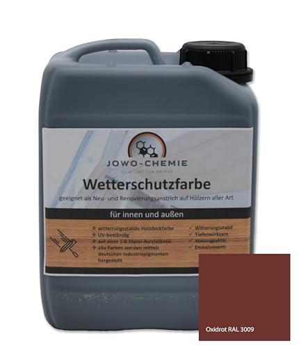 JOWO-CHEMIE Wetterschutzfarbe (5kg) Holzfarbe Zaunfarbe Gartenfarbe auf Hölzer aller Art große Farbauswahl Acryl-Farbe (Oxidrot)