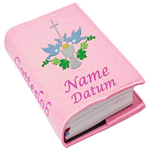 Gotteslob Gotteslobhülle Hülle Kelch blau Filz mit Namen bestickt Einband Umschlag personalisierte Gesangbuchhülle, Farbe:rosa