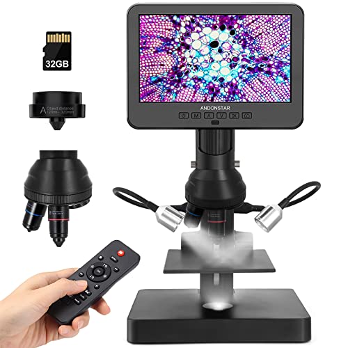 Andonstar AD246S Digitales HDMI-Mikroskop mit 17,8 cm (7 Zoll) Bildschirm, 4000X Dreilinsen-Mikroskop, Münzmikroskop-Set für Kinder und Erwachsene, Foto-/Videoaufnahmen, Fenster-kompatibel, 32G Karte im Lieferumfang enthalten