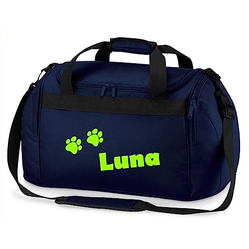 minimutz Sporttasche mit Pfoten | Personalisiert mit Namen | Sporttasche für Tierliebhaber Kinder | Hundetasche für die Tierpension | Reisetasche und Urlaubs-Tasche für Tiere (dunkelblau)