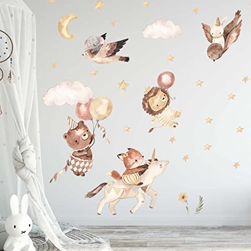 WANDKIND Magische Tiere Wandtattoo Kinderzimmer V388 | handgezeichnet | AUFKLEBER Kindergarten | Babyzimmer Wandsticker Löwe Fuchs Bär Hase Elefant (60 x 60 cm)