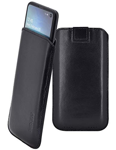 Suncase Original Leder Etui kompatibel mit Samsung Galaxy S10e Hülle Tasche Ultra Slim Ledertasche Schutzhülle Case (mit Rückzuglasche) in schwarz