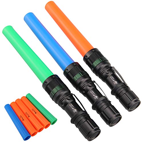 UltraFire 3 x Signal-Taschenlampen, 27,9 cm, mit 3 orangefarbenen Stäben, 1 x blauem und 1 x grünem Marshalling, 3 Modi, für Kinder im Freien und auf Partys