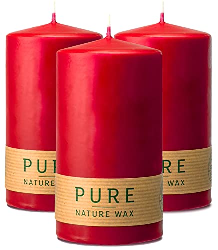 Hyoola Pure Natürliche Stumpenkerzen - Stumpen Kerzen aus 100% Natürlichem Wachs - Paraffinfrei - Ø 7 x 13 cm - Rote Kerzen Lange Brenndauer - 3er Pack