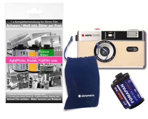 AgfaPhoto analoge 35mm Foto Kamera im Komplettset : Film + Batterie + Entwickungset für bis zu 36 Schwarz Weiß/Bilder (per Post)