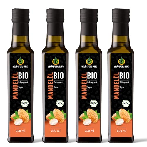 Kräuterland Bio Mandelöl 1L - 4x 250ml Mandelöl, kaltgepresst, naturrein, vegan - als Speiseöl zum Kochen & Backen oder als Naturkosmetik zur Haut- und Haarpflege