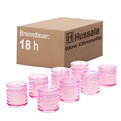 Hussala Glow Citronella Outdoorkerze Glas (pink) - Brennzeit 18 h [16 Stück]