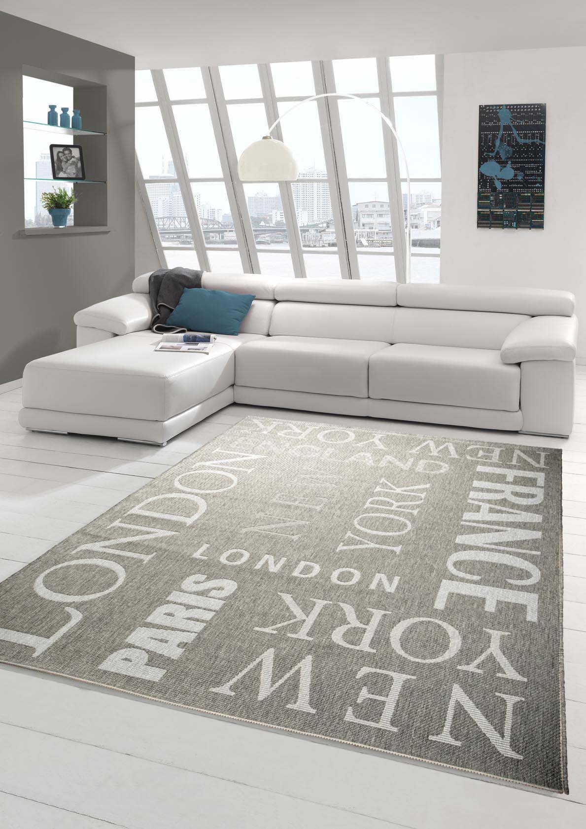 Teppich-Traum Küchenläufer Flachgewebe Teppich Sisal Optik modernes Design Städte New York London Paris City in grau weiß Größe 80x200 cm