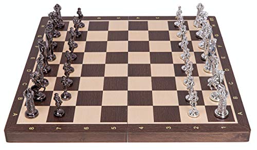 Schach Schachspiel - Mittelalter Silver Edition - Schachbrett aus Wengeholz