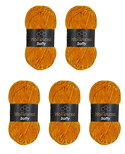 Wollbiene Softy 5 x 100 Gramm chenille wolle zum häkeln Strickwolle, Babywolle, 500 Gramm Chenille Wolle Super Bulky crochet yarn (gold 82)