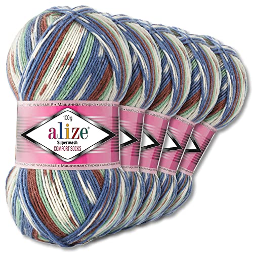 Wohnkult Alize 5x100g Superwash Comfort Sockenwolle 33 Farben zur Auswahl EIN-/Mehrfarbig (7653)