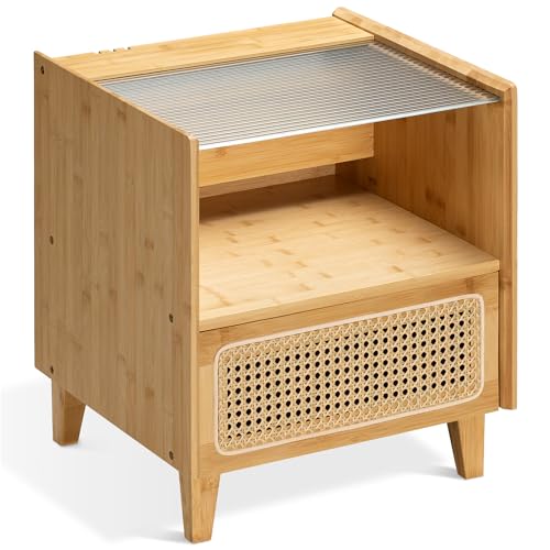 Navaris Nachtschrank aus Bambus mit Rattan Look - Nachttisch mit Schublade und Glas Oberfläche - Beistelltisch Boho Design - kleine Kommode in Braun