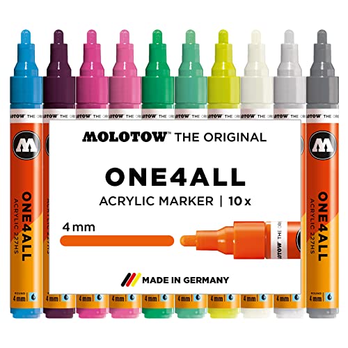 Molotow Acryl Marker One4All 227HS Etui Basic-Set 3 (4 mm Spitze, hochdeckend und permanent, UV-Beständig) 10 Stück sortiert