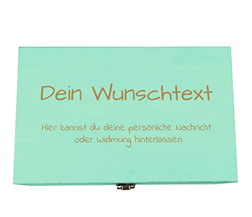 Holzkiste türkis grün personalisierbar mit Gravur Geschenkbox Personalisiertes Geschenk Holzbox Deckel Aufbewahrungsbox Wunschtext, 27 x 17 x 11 cm