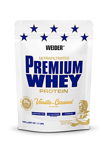 Weider Premium Whey Proteinpulver, Low Carb Proteinshakes mit Whey Protein Isolat, Vanille-Karamell, 500 g