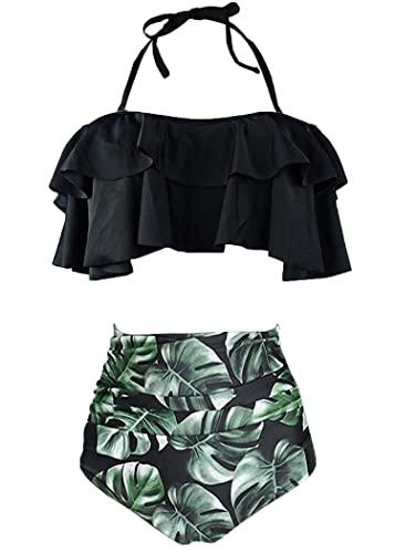 AOQUSSQOA Damen Badeanzug Rüschen Hals Hängen Bikini Sets Zweiteilige Bademode mit Hoher Taille Strandkleidung (Black Leaf, M)
