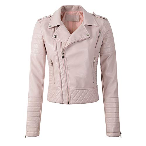 Hzikk Frauen Weichen Kunstleder Jacken Lady Motorcyle Zippers Biker Mäntel Oberbekleidung,Rosa,XL