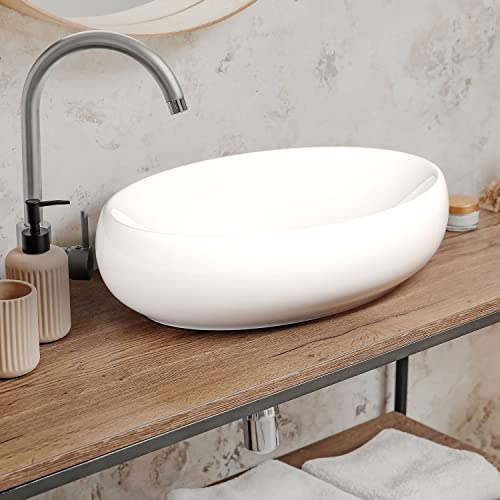 Waschbecken24 | Premium Waschbecken mit Lotus-Effekt für das Badezimmer und Gäste-WC (60x41x15cm, Weiß / A88)