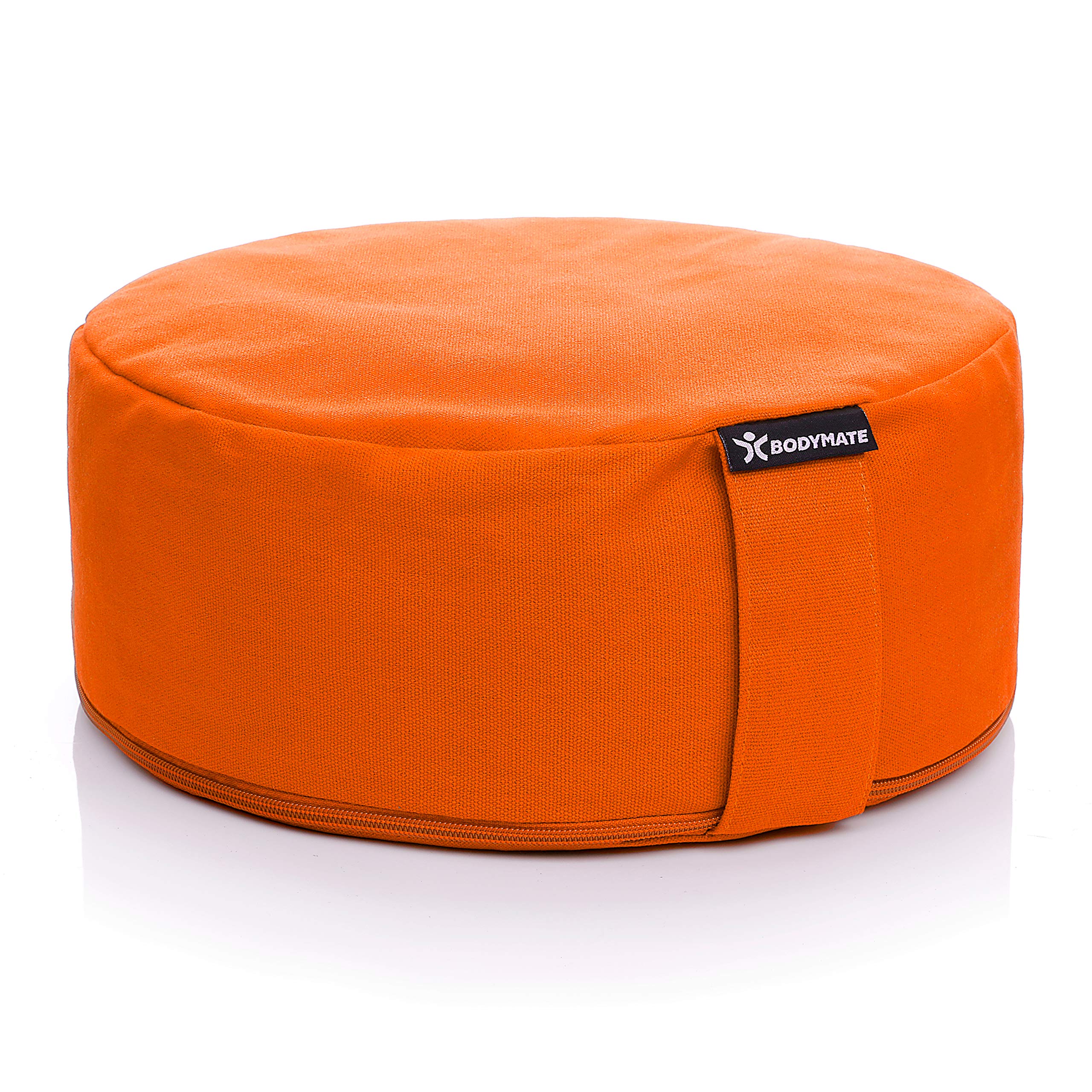 BODYMATE Yogakissen rund 31cm Durchmesser 13cm hoch Orange mit Buchweizen-Spelz Füllung – Maschinenwaschbarer Bezug aus 100% extra Dicker Baumwolle – Meditationskissen – Sitzkissen