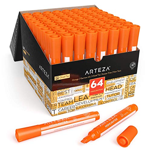 Arteza Textmarker Orange, 64 Leuchtstifte Großpackung, Textliner mit breiten Keilspitzen, Textsurfer hergestellt mit ungiftiger Tinte, zum Markieren im Haushalt, Schule oder Büro