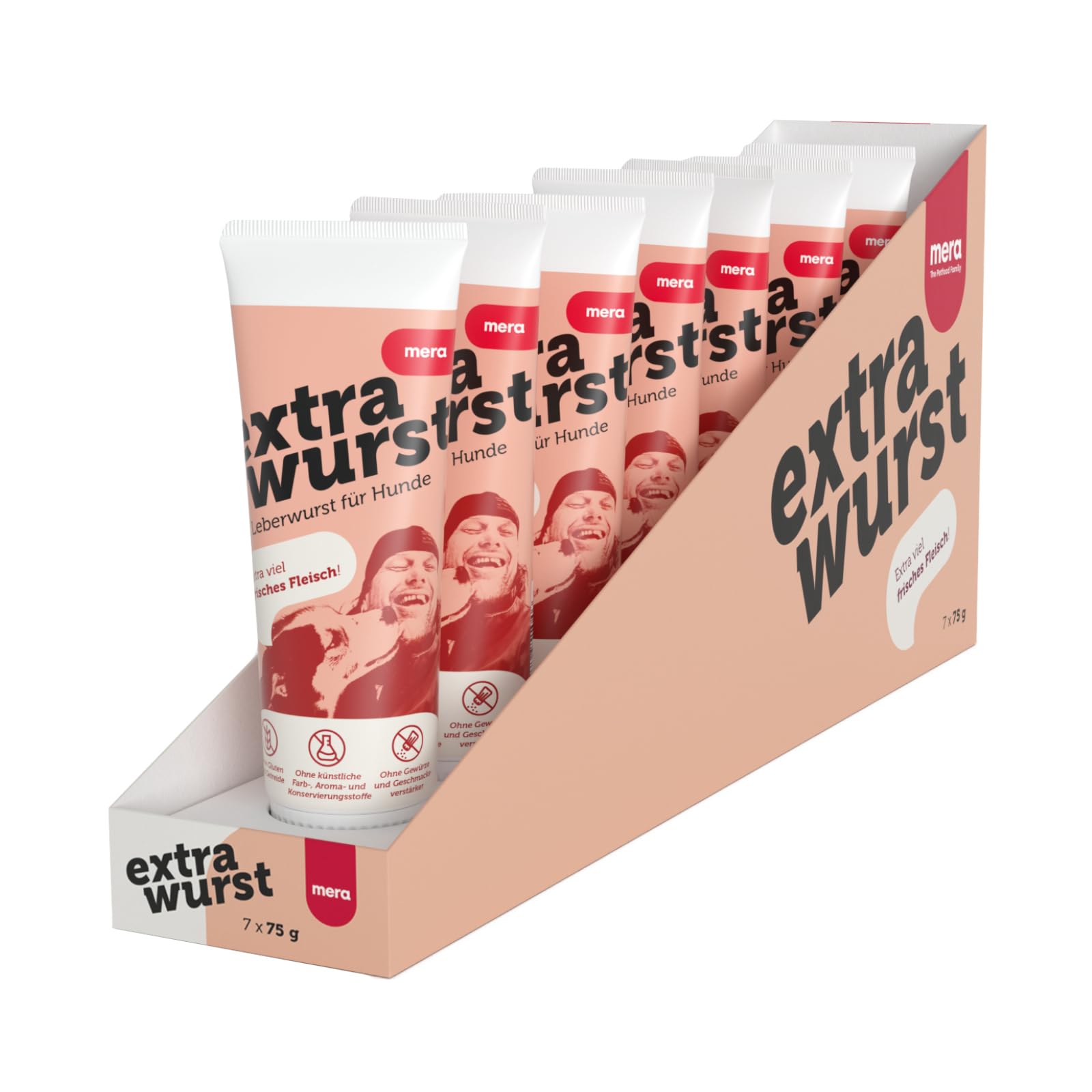 MERA Extrawurst getreidefreie Hundeleberwurst (7x75g), Tube mit viel Frischfleisch und Geschmack, Trainingsleckerli für ausgewachsene Hunde und Welpen, ohne Zucker und Salz