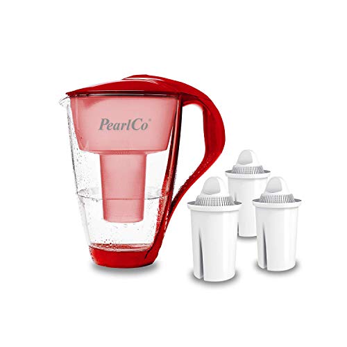 PearlCo - Glas-Wasserfilter (rot) mit 3 classic Filterkartuschen - passt zu Brita Classic
