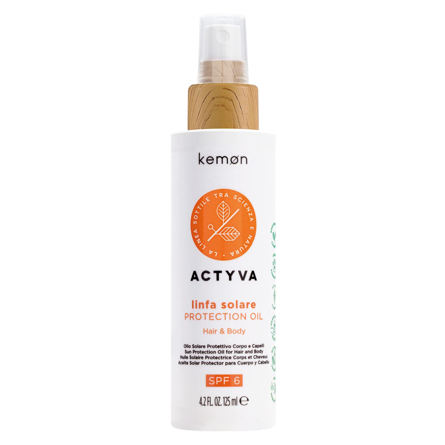 Kemon Actyva Linfa Solare Protection Oil SPF 6 - Pflegeöl für Körper und Haar, Sonnenschutz, Haar-Öl und Sun Body Oil in Einem, LSF 6 - 125 ml