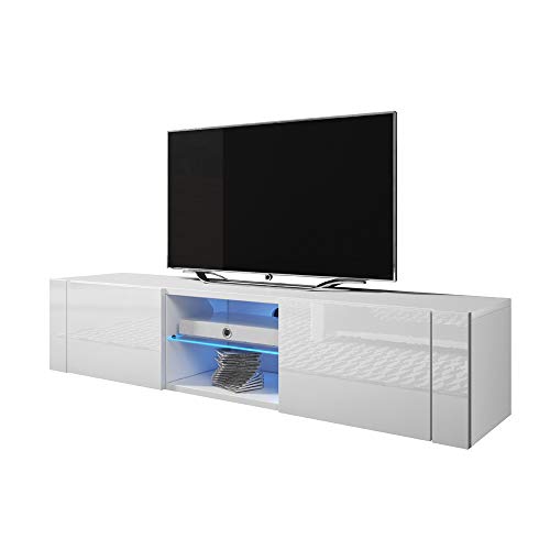 Selsey Elegant - TV-Lowboard / TV-Bank / Fernsehschrank Weiß Matt / Weiß Hochglanz, LED in Blau, 140 cm
