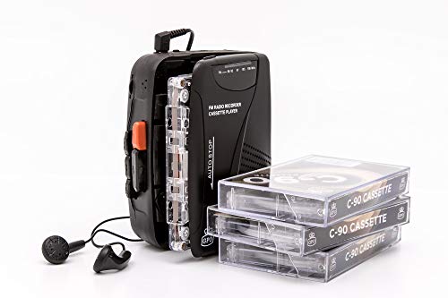 GPO Walkman tragbarer Retro Kassettenrecorder mit integriertem Lautsprecher und Mikrofon, FM-Radio, 3,5 mm Kopfhöreranschluss, inkl. Kopfhörer, Schwarz