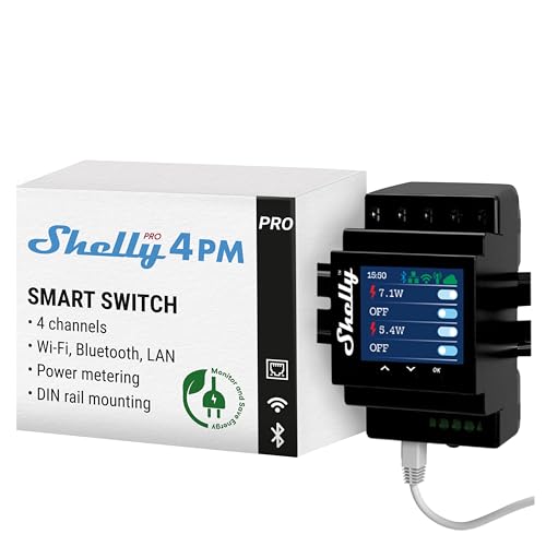 Shelly Pro 4PM - 4 Kontakte Professioneller WLAN-Relais-Schalter für Homestation, Sprachsteuerung von Amazon Alexa, Google Home und MQTT