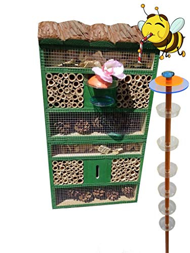 XXL 1x Bienenhotel, Insektenhotel MIT BIENENTRÄNKE FDV-HO-Station-OS,XXL Bienenstock & Bienenfutterstation für Wildbienen, grün, Marienkäferhaus