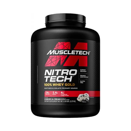 Whey Protein Pulver, MuscleTech Nitro-Tech Whey Gold Protein Isolate & Peptides, Eiweißpulver für den Muskelaufbau, Proteinpulver für Männer und Frauen, Cookies and Cream, 2.5 kg (76 Portionen)