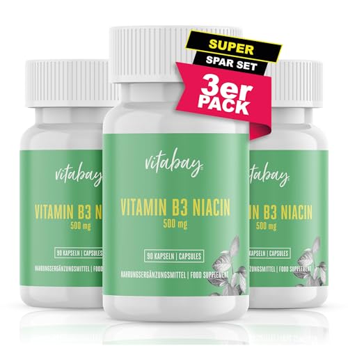Vitabay Vitamin B3 Niacin | 500 mg x 270 vegane Kapseln (3er Set) | Hochdosiert | Flush Free | Laborgeprüft & hergestellt aus hochwertigen Rohstoffen